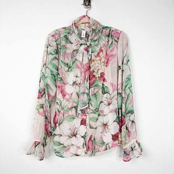 NWT White House Black Market Top M Long Sleeve Tie Neck Blouse Pink #WHBM6 - Picture 2 of 8